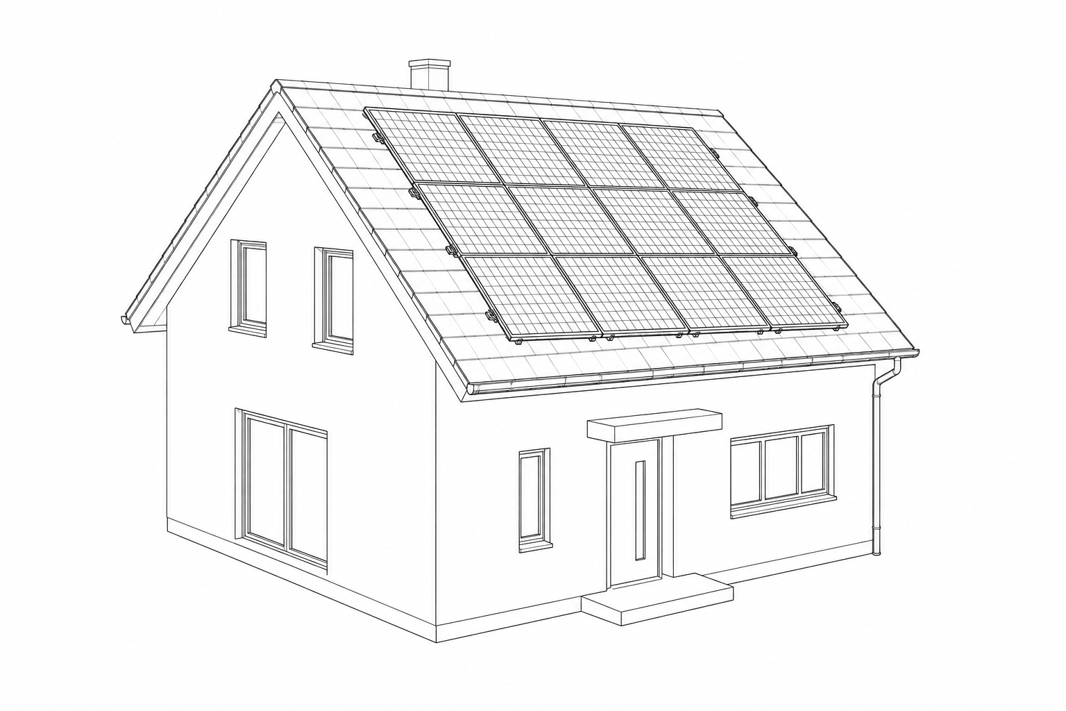 Monochromatyczna ilustracja techniczna domu z instalacją fotowoltaiczną