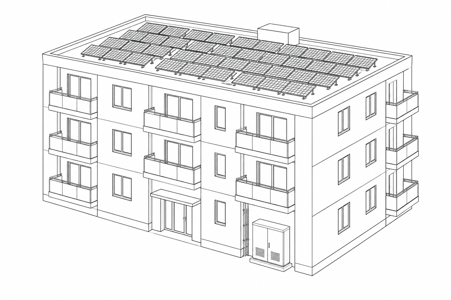 Monochromatyczna ilustracja techniczna budynku wielorodzinnego z systemami OZE