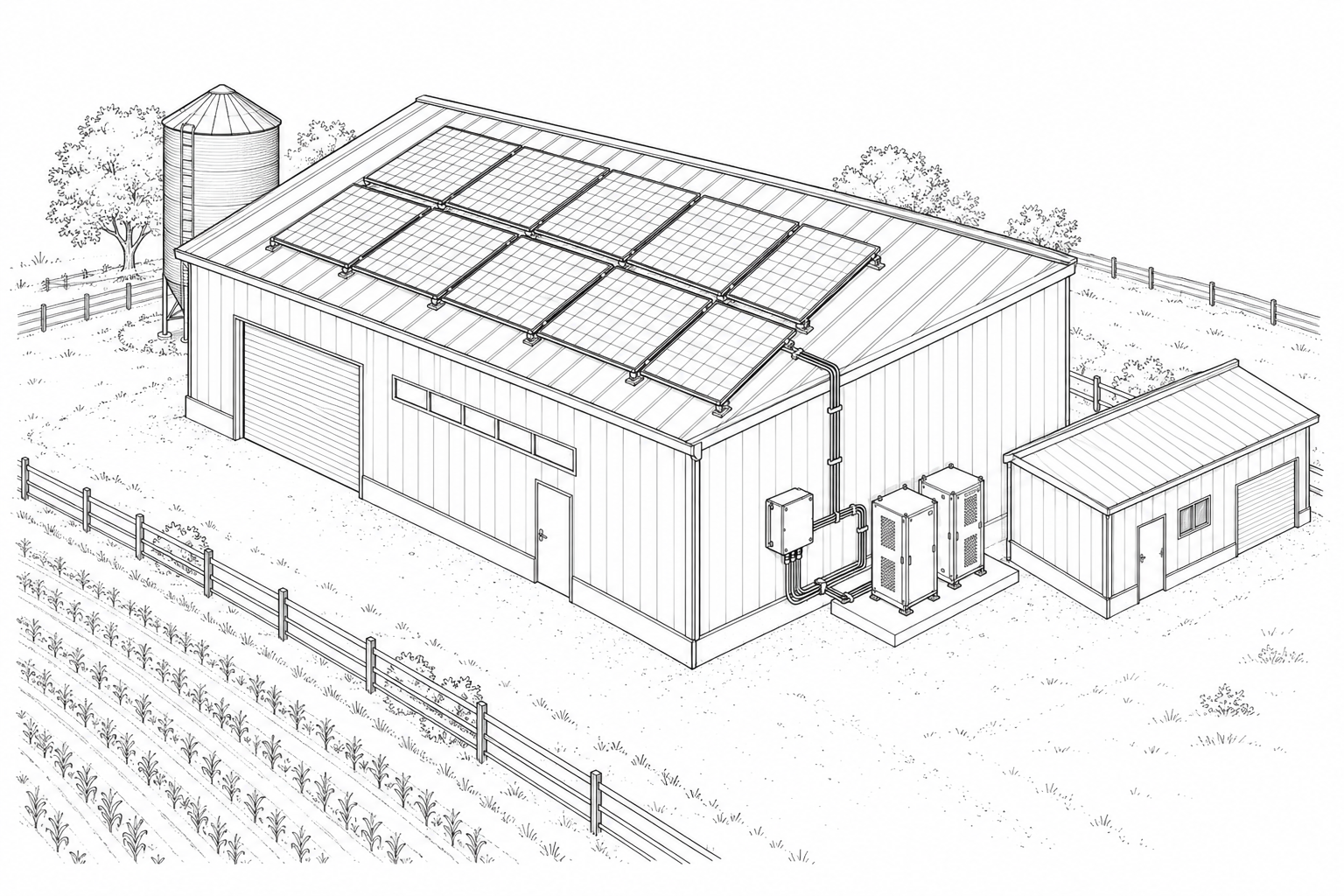 Monochromatyczna ilustracja techniczna instalacji fotowoltaicznej dla gospodarstwa rolnego